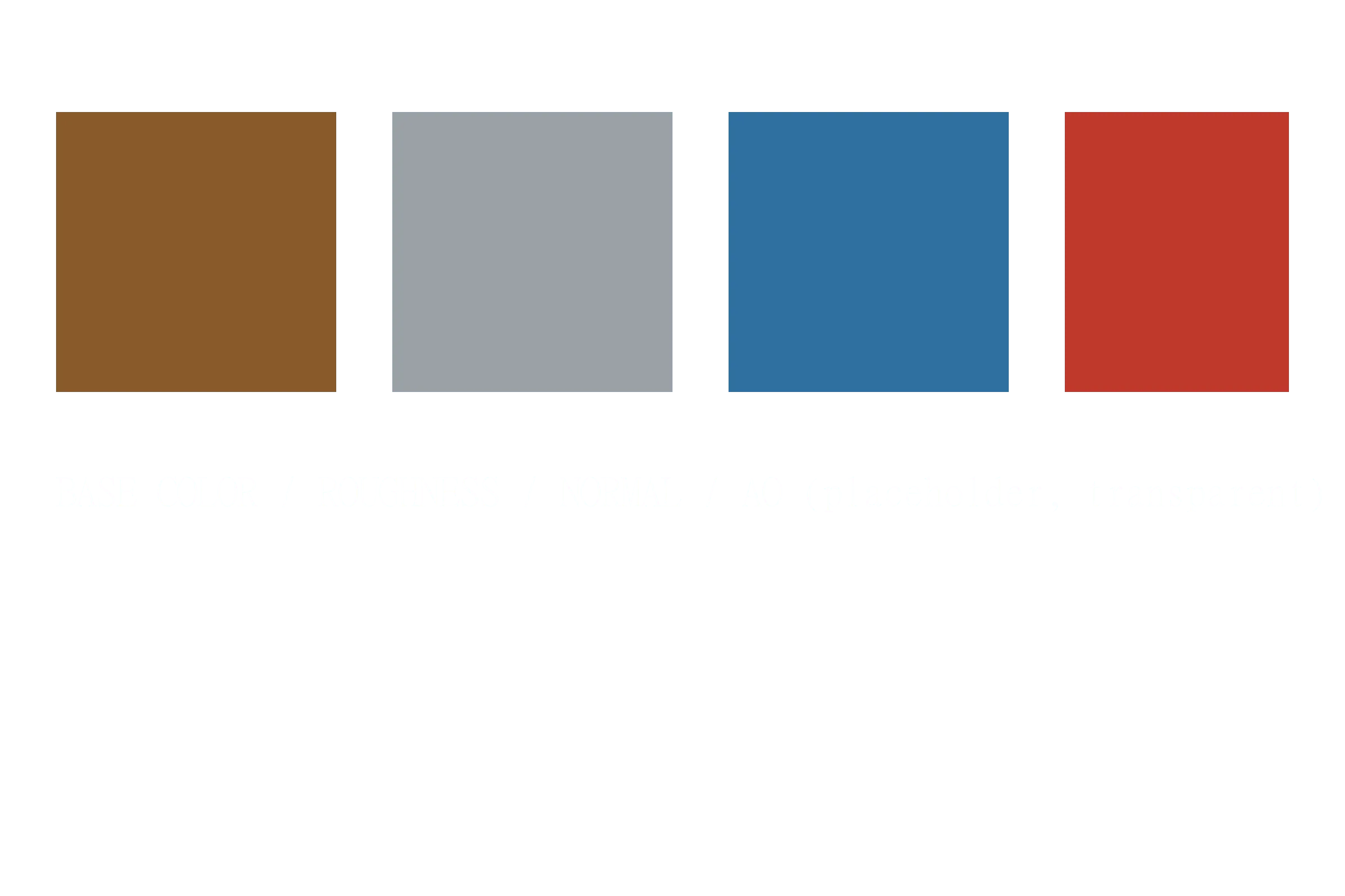 Synthetic material breakdown: four coloured swatches for base colour, roughness, normal and ambient occlusion on a transparent background